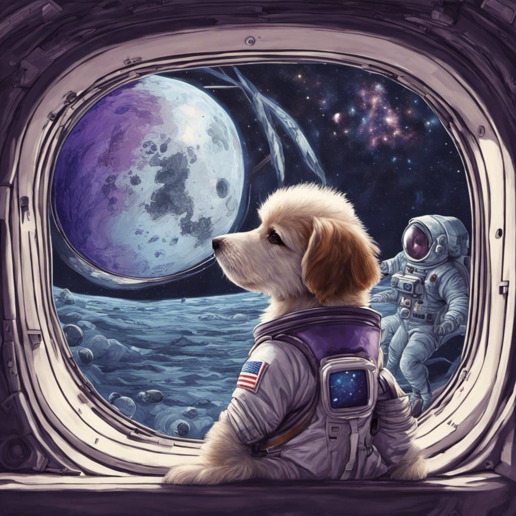 Dog Astronaut on the Moon in Rocket