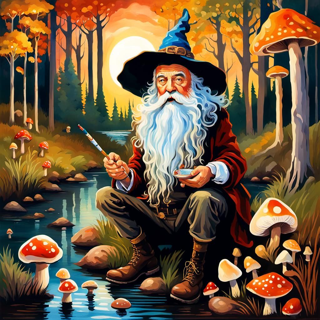 Wizard Smoking in Autumnal Forest, Gouache Style