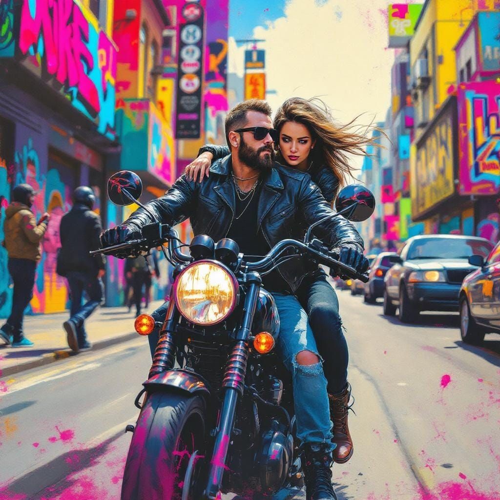 Biker Couple Ride Through Graffiti Art Street