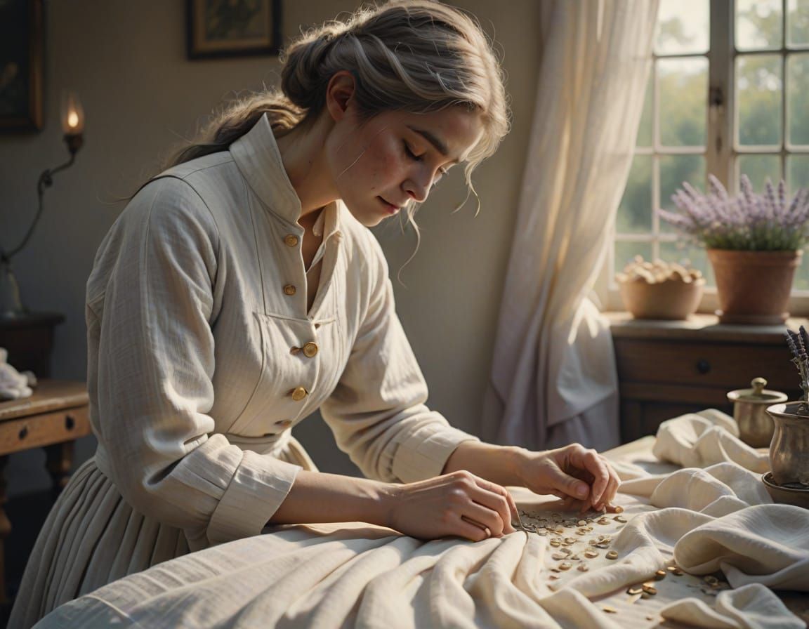 Ethereal Seamstress Sewing Buttons: Whimsical Concept Art