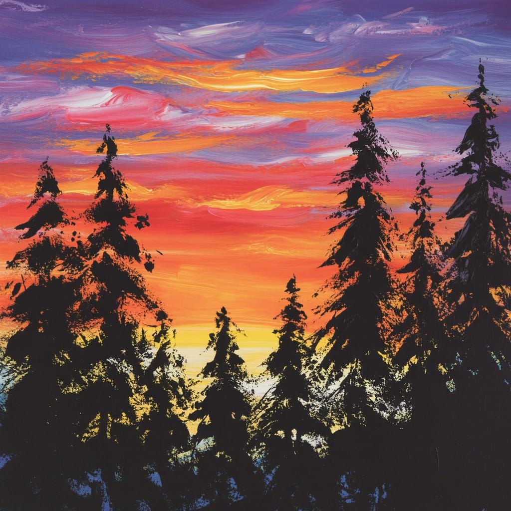 Sunset Over Pine Forest in Impressionist Style