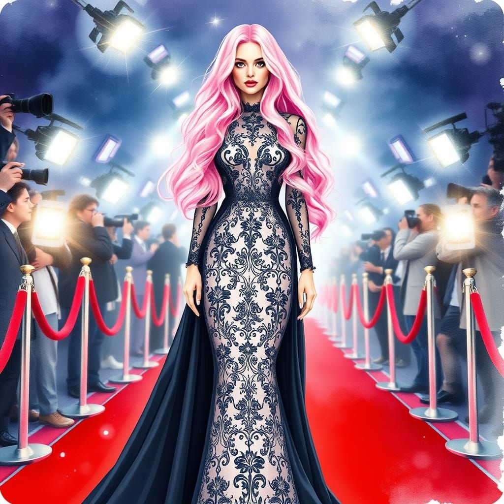 Elegant Woman on Red Carpet in Watercolour Style