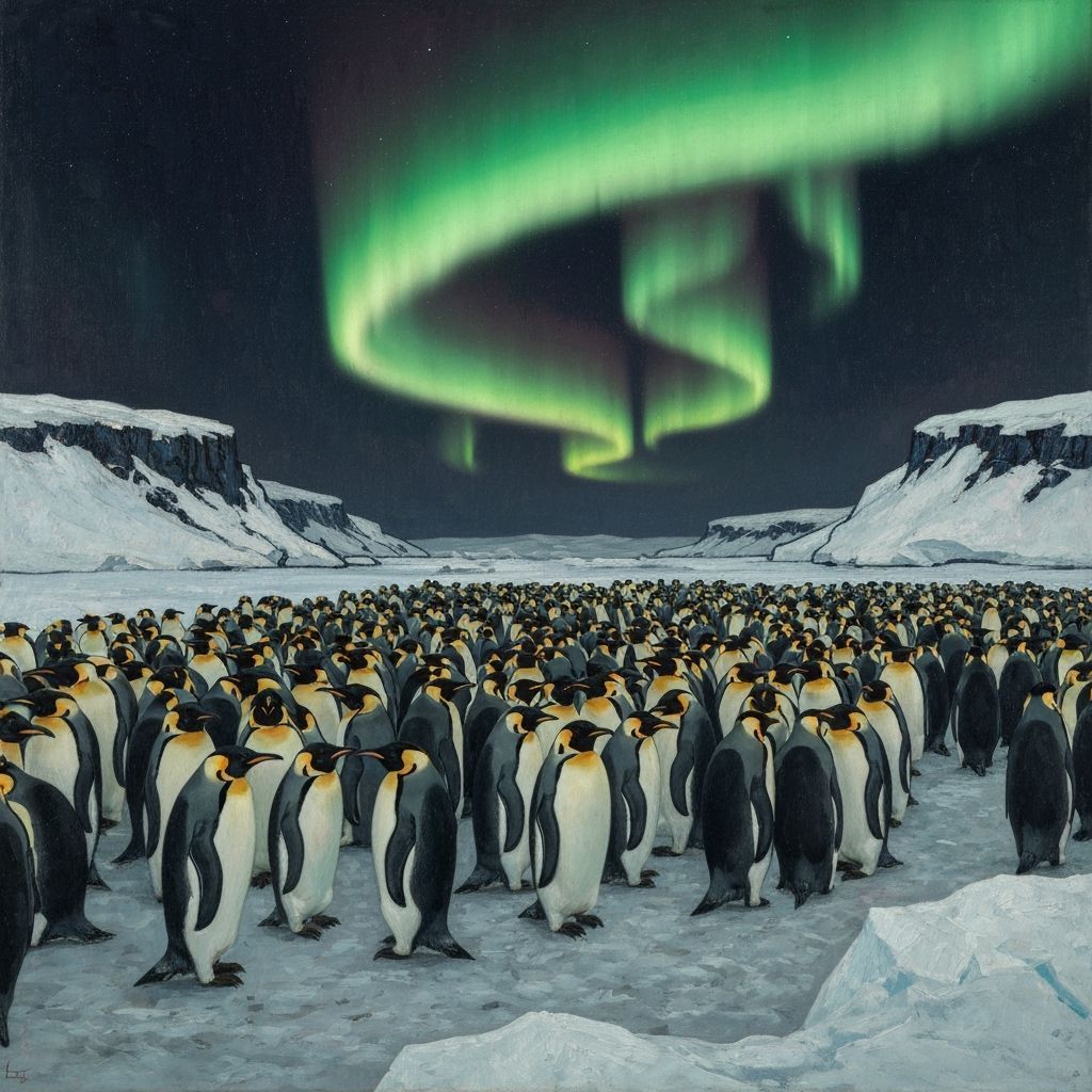 Emperor Penguins Under Aurora Australis