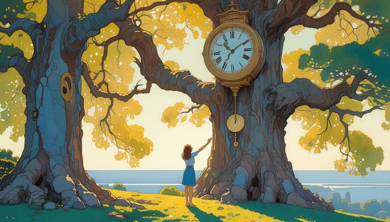 Woman and Giant Clock in Gouache Watercolor Style