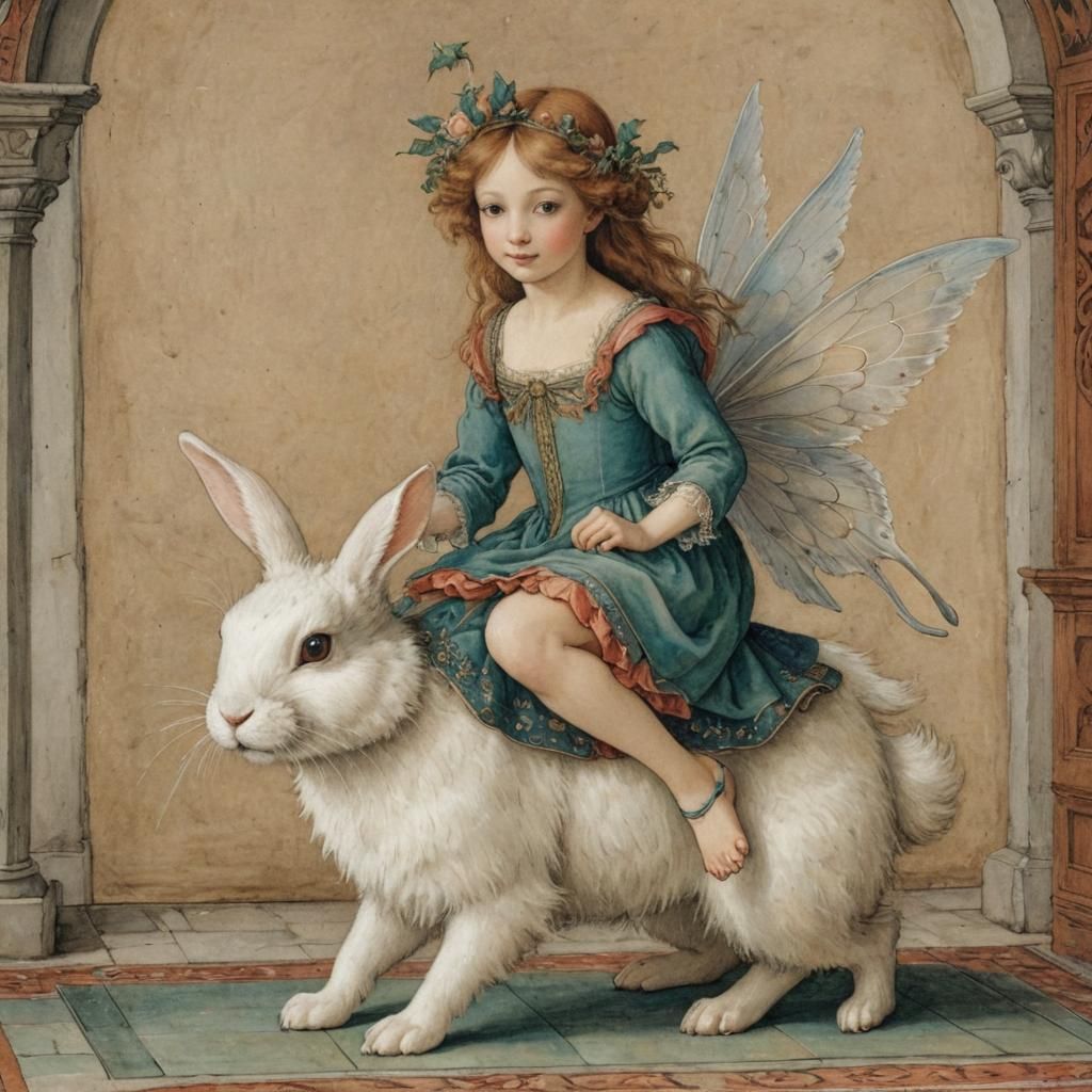 Whimsical Fairy Rides Furry Bunny in Elegant Castle