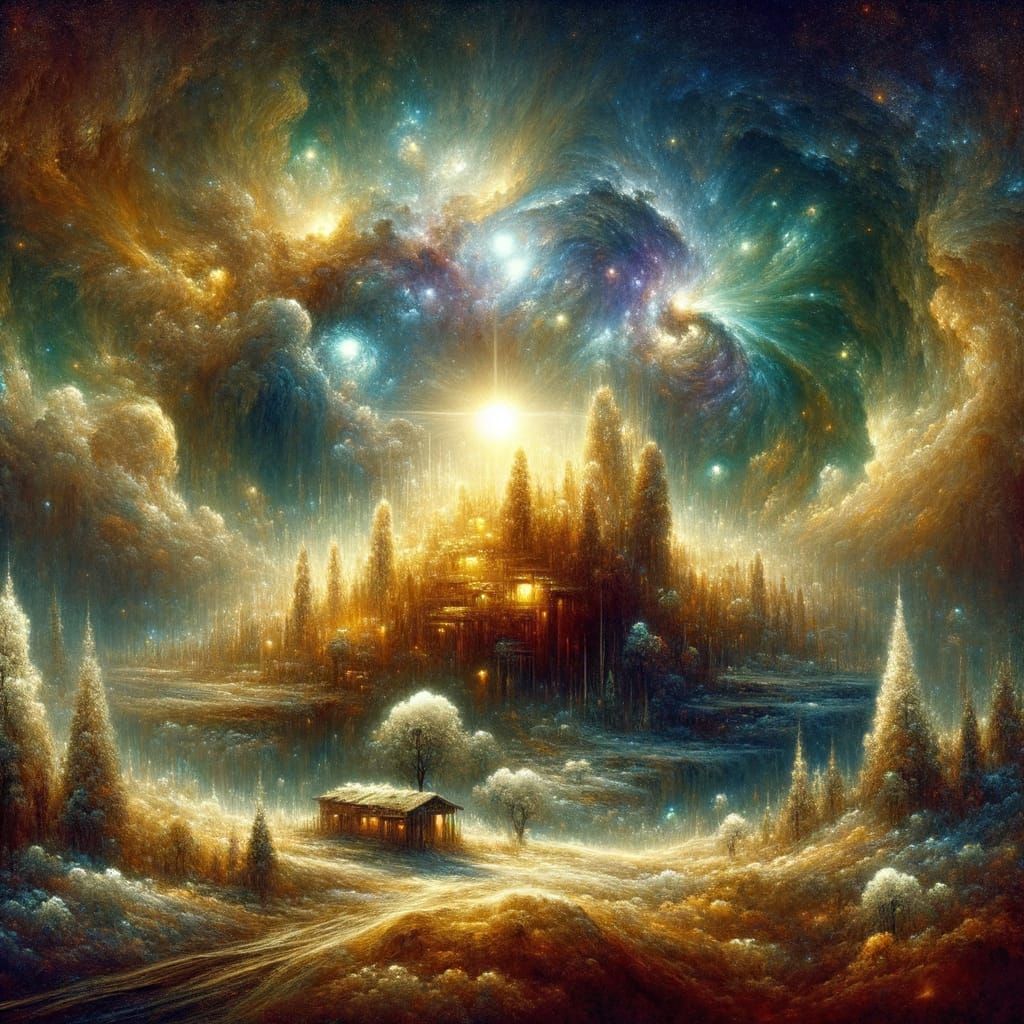 Alien Cabin in Ethereal Forest as Oil Painting