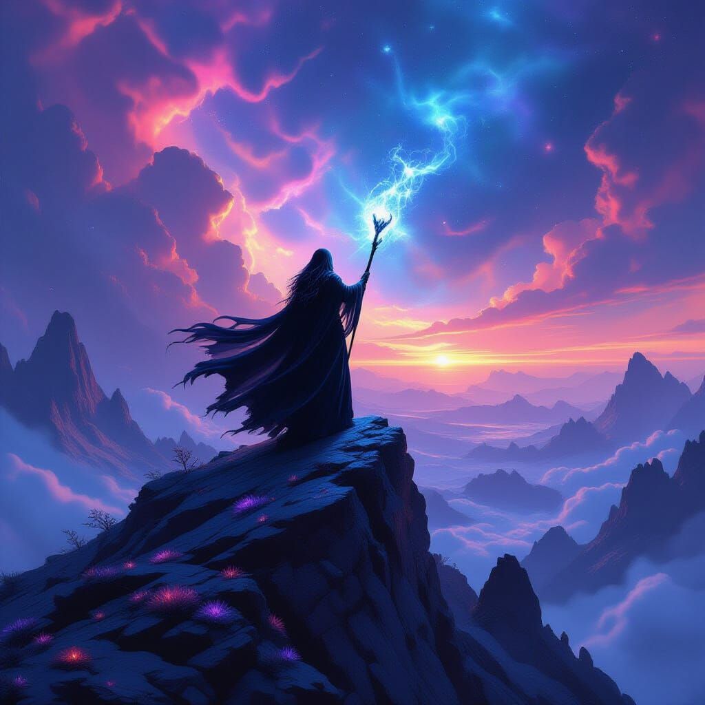 Sorceress on Alien Peak Under Twin Nebulae