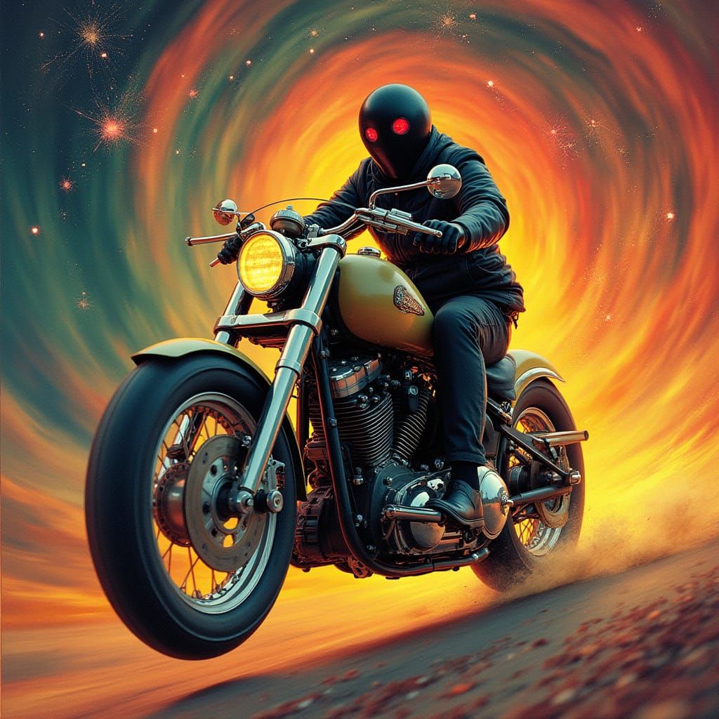 Psychedelic Motorcycle Journey Through a Cosmic Vortex