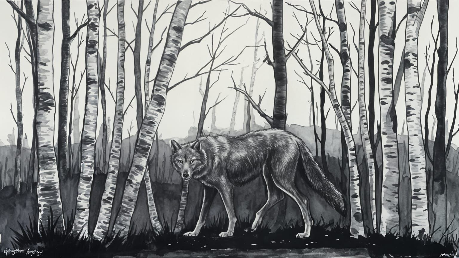 Eerie Gray Wolf Stalks Forest in Mixed Media Style