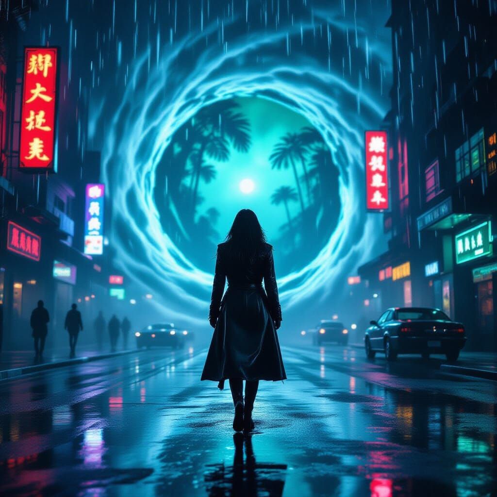 Woman at Vortex Edge in Neon Cyberpunk City