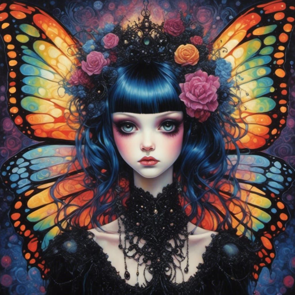 Goth Anime Fairy with Rainbow and Glitter