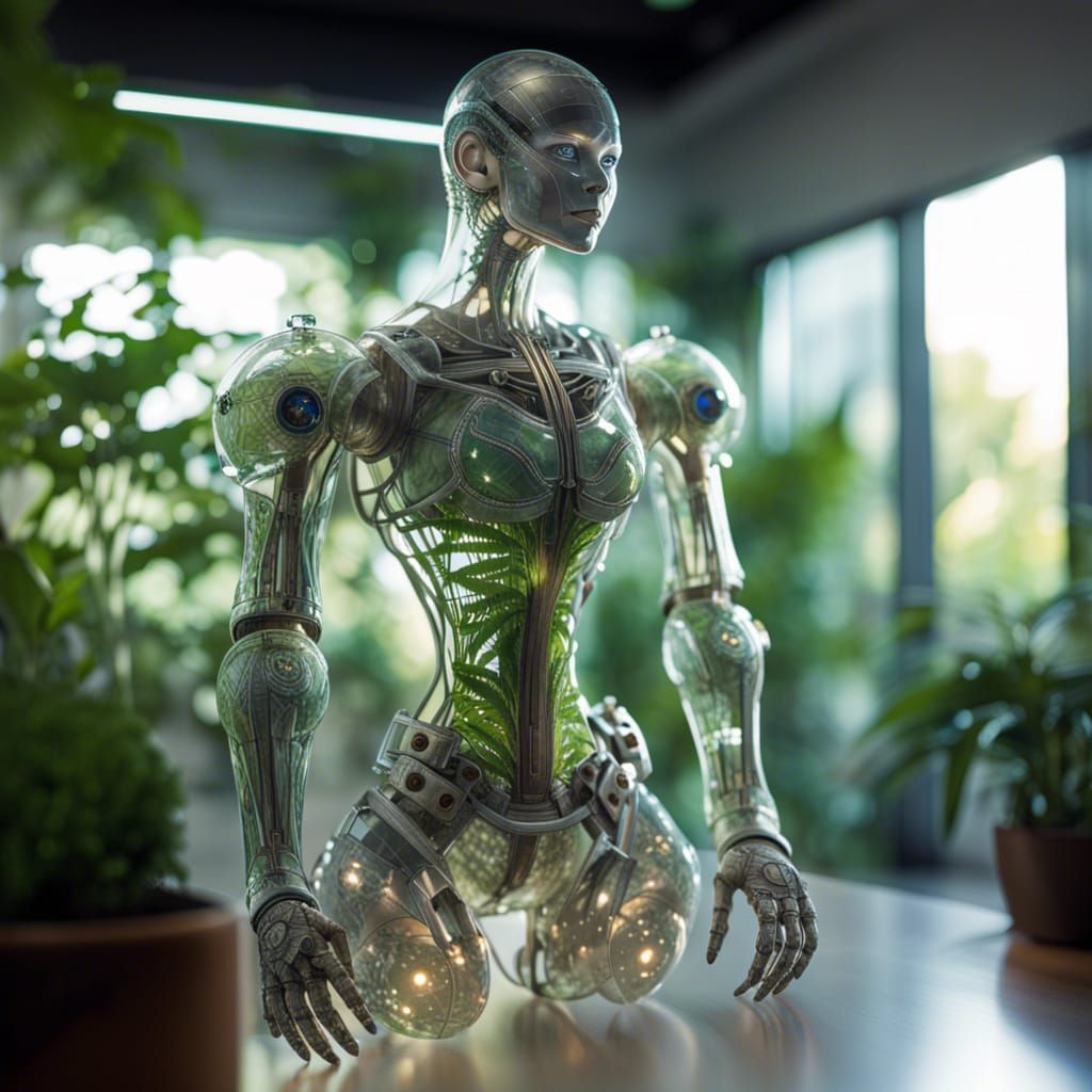 Glass Robot with Living Plants Inside