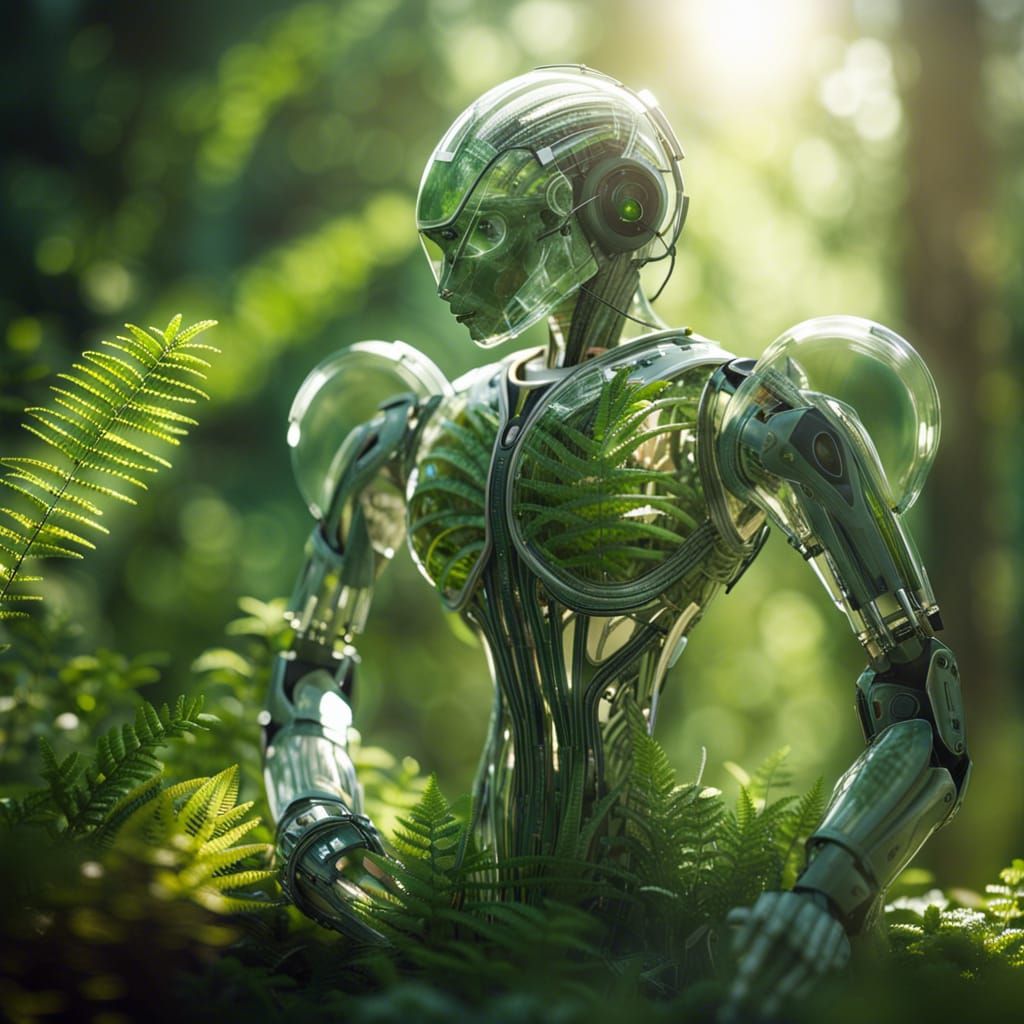 Glass Robot Alive with Plants and Sunlight