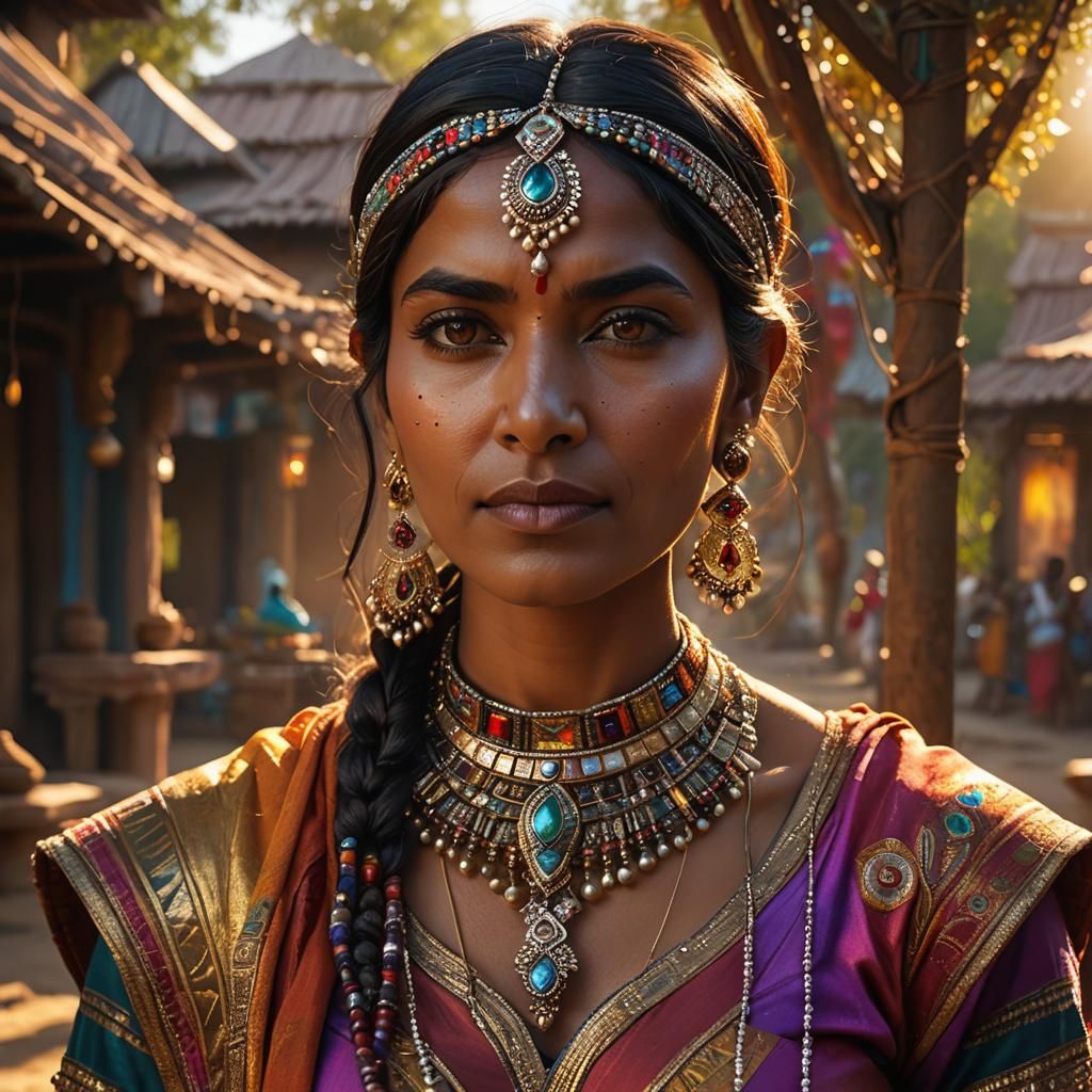 Indian Woman in Futuristic Jewelry, Hyperrealistic Portrait