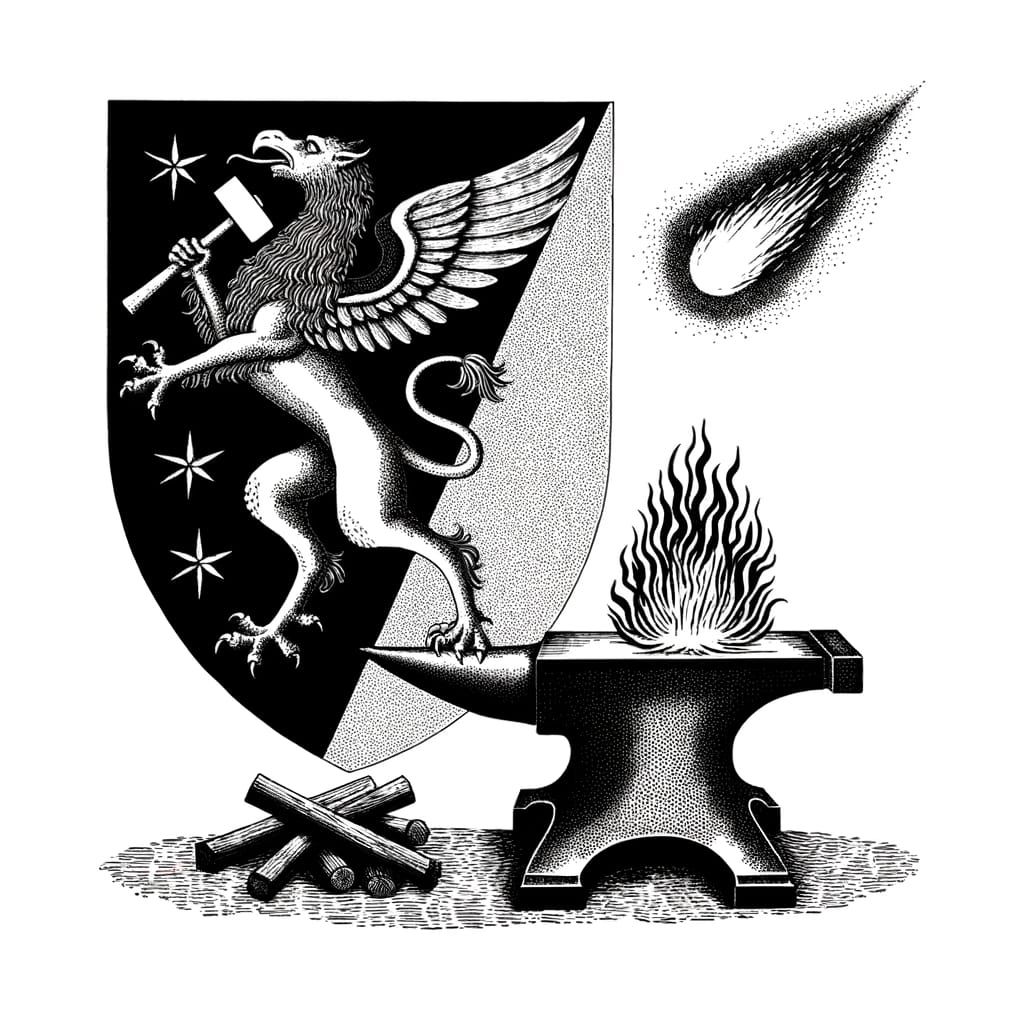 Medieval Woodcut Engraving of Gryphon on Burning Pyre Herald...