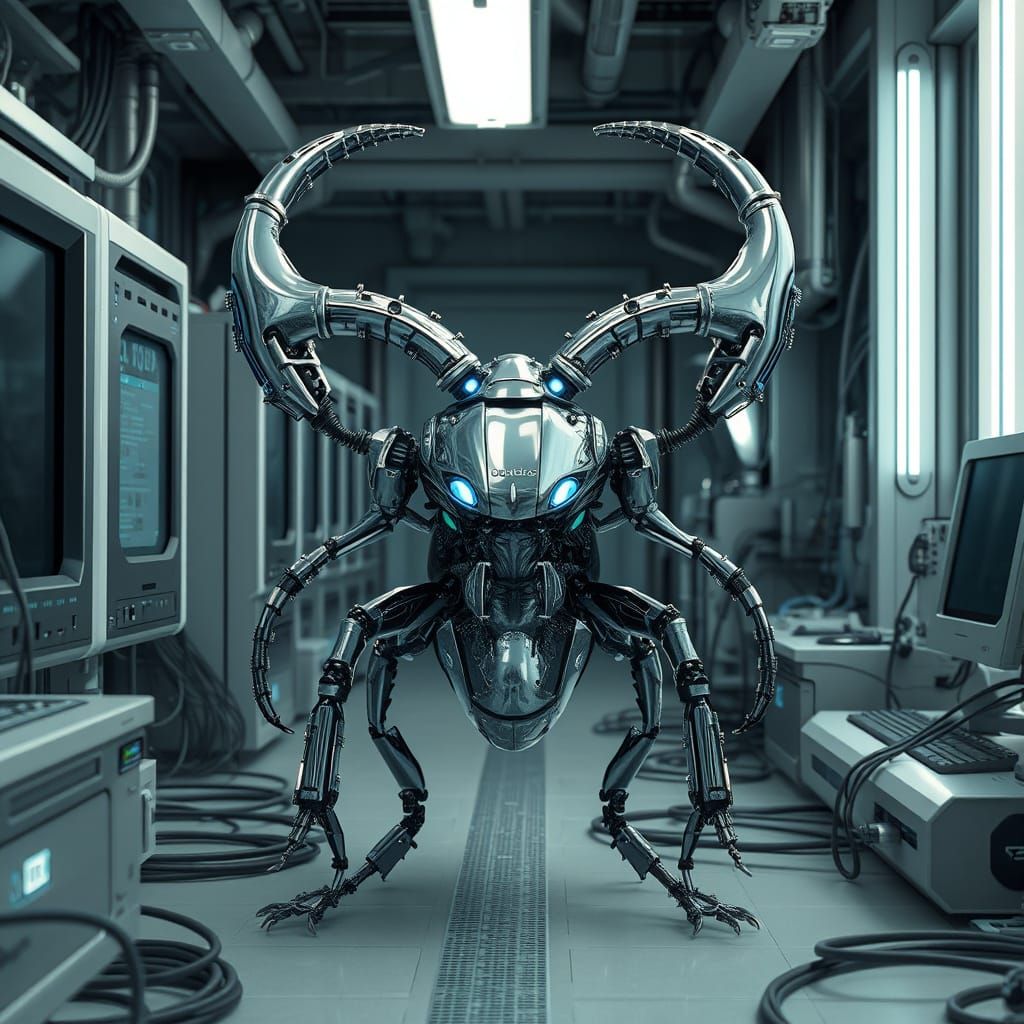 Cybernetic Beetle Guardian in Futuristic Laboratory
