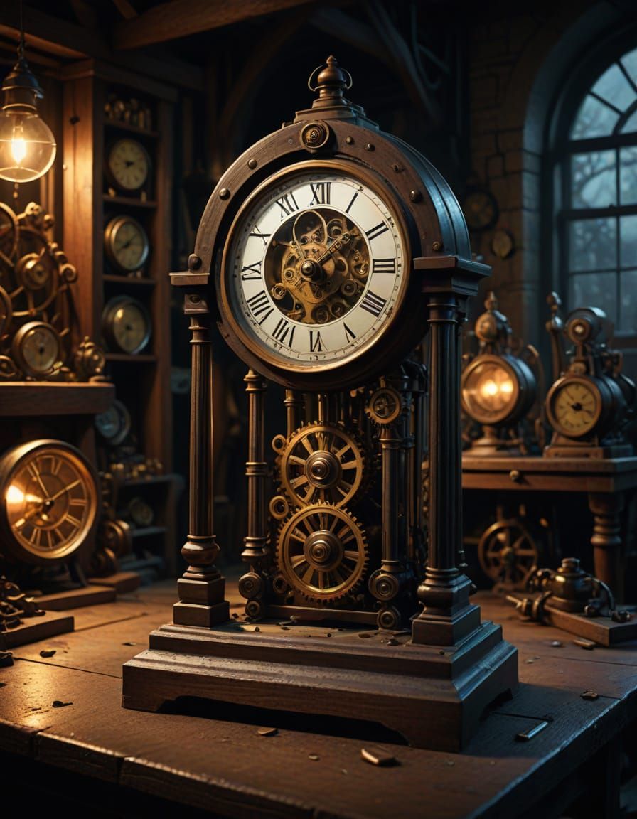 Pixar Style Clockmaker's Workshop at Midnight