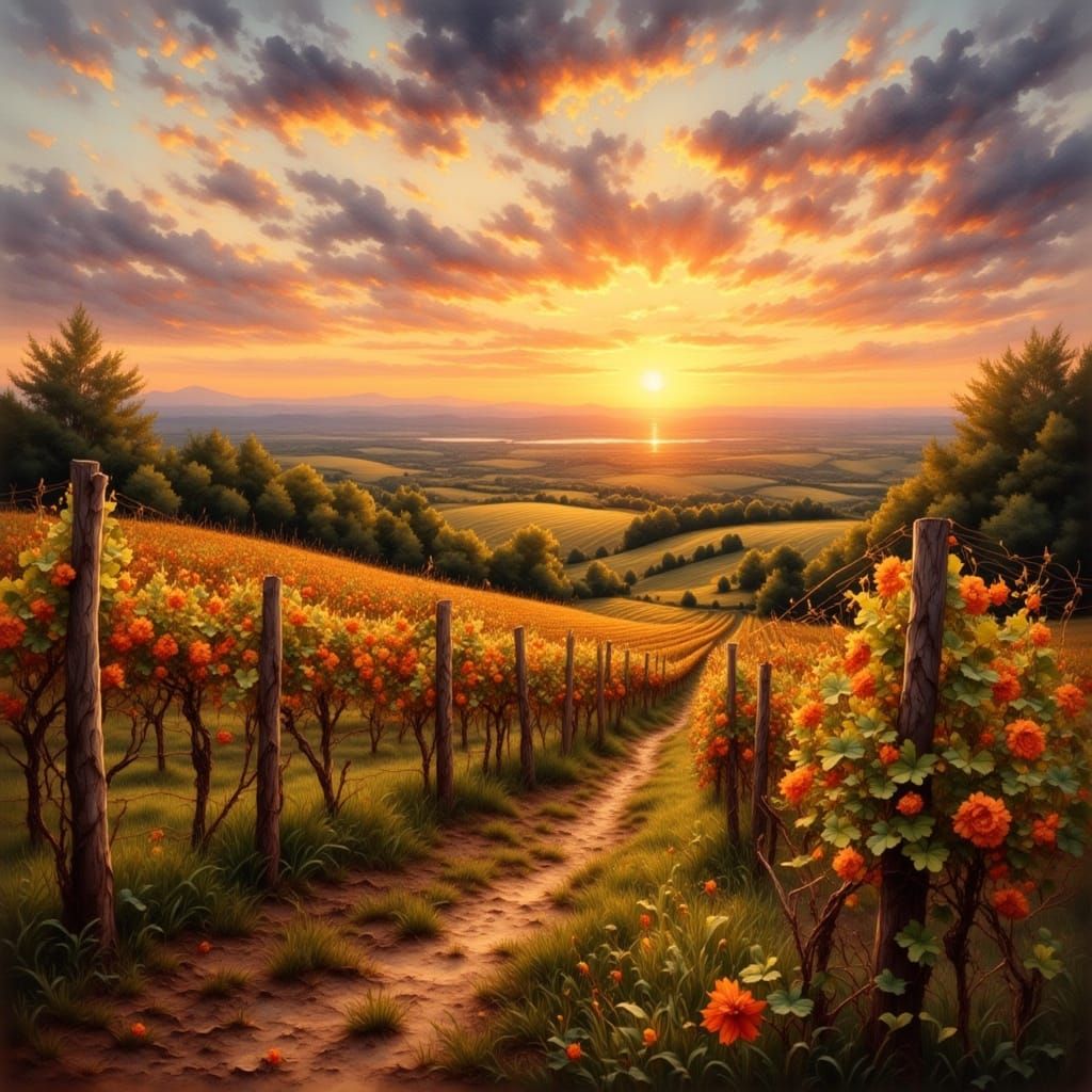 Vineyard Sunset in Antique Watercolor Style
