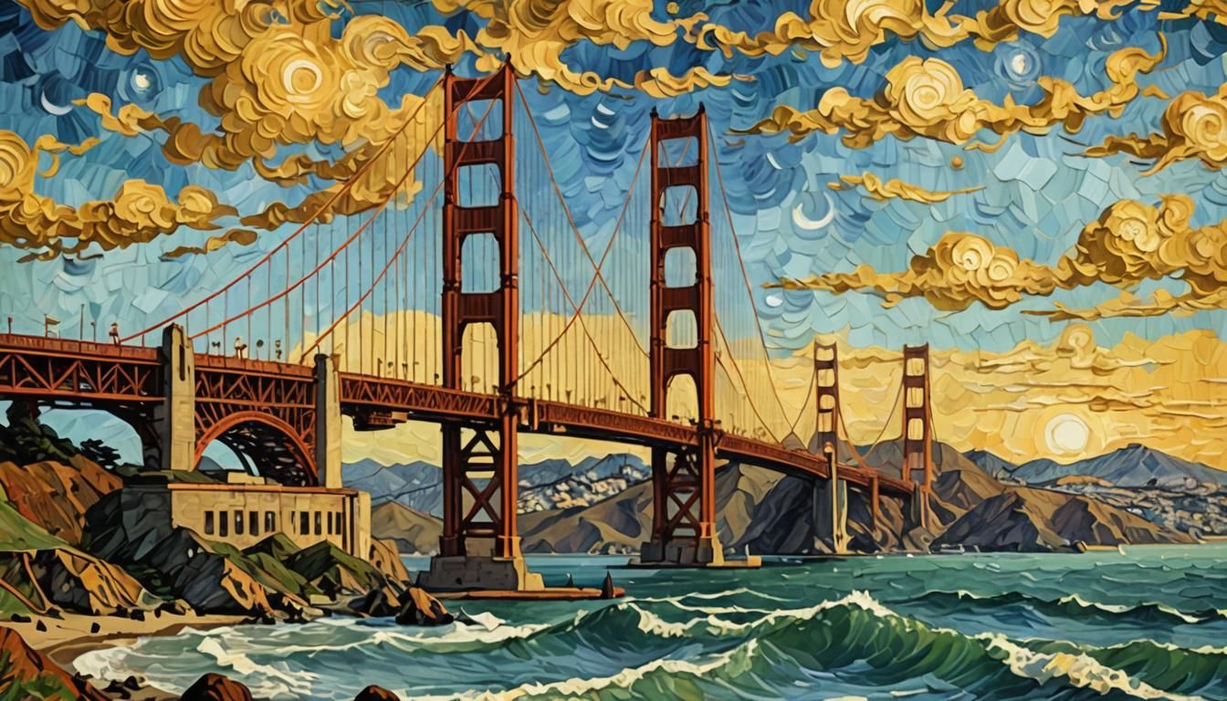 Golden Gate Bridge Skyline in Impasto Style