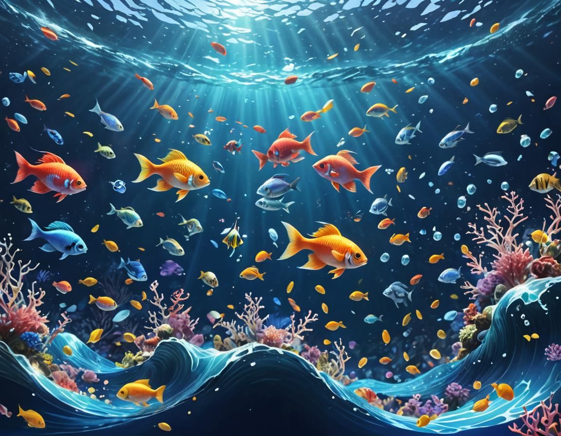 Anime-Style Fish Dancing in Blue Waves