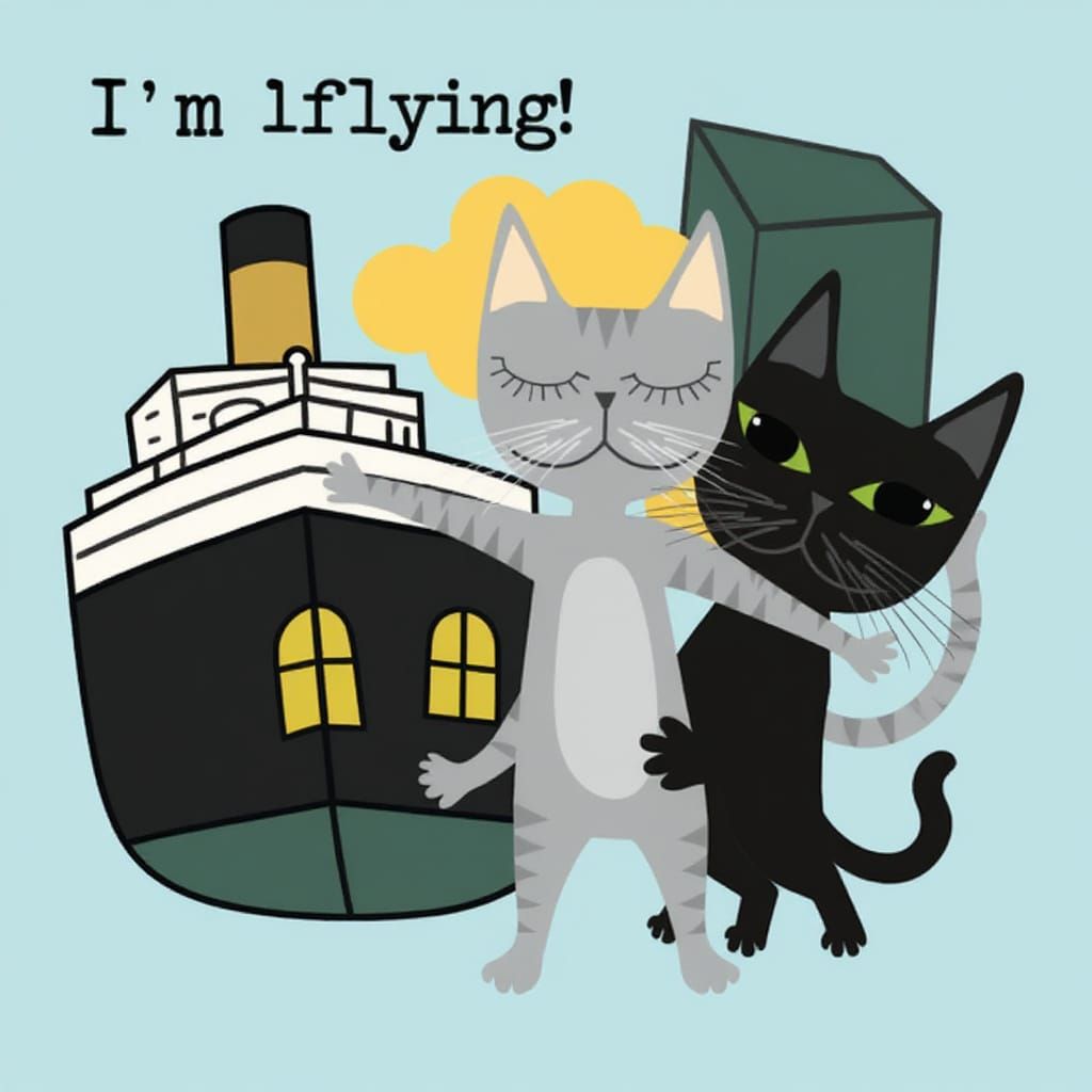 Cats Reenact Titanic Scene on Rooftop in Cartoon Style