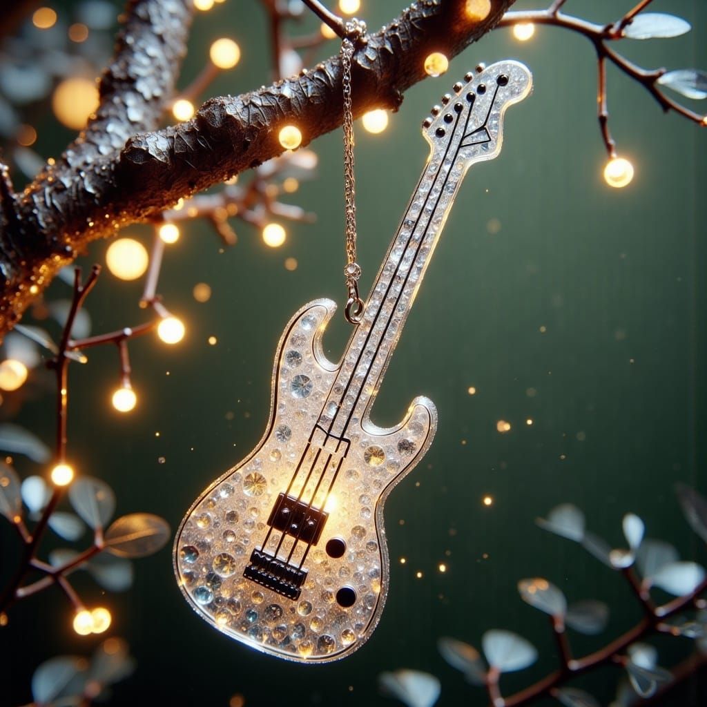 Cracked Glass Guitar Ornament on Tree Branch