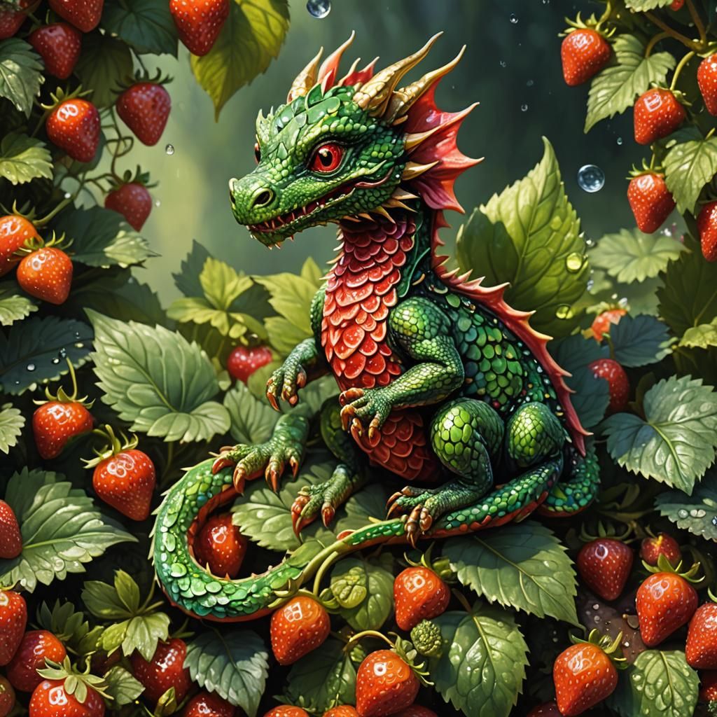 Mini Dragon on Strawberry: Macro Digital Art