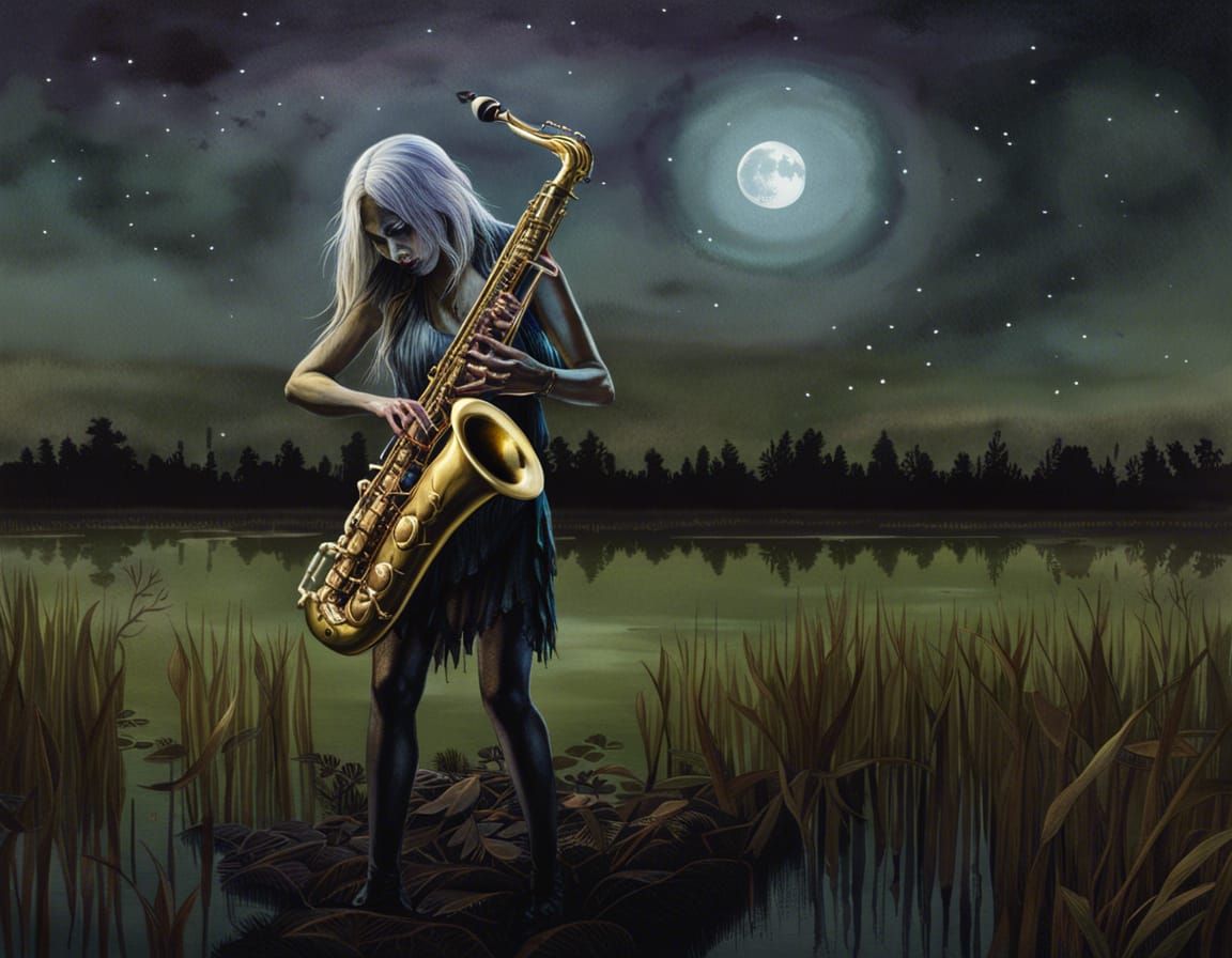 Zombie Saxophonist in Moonlit Swamp: Watercolor Art