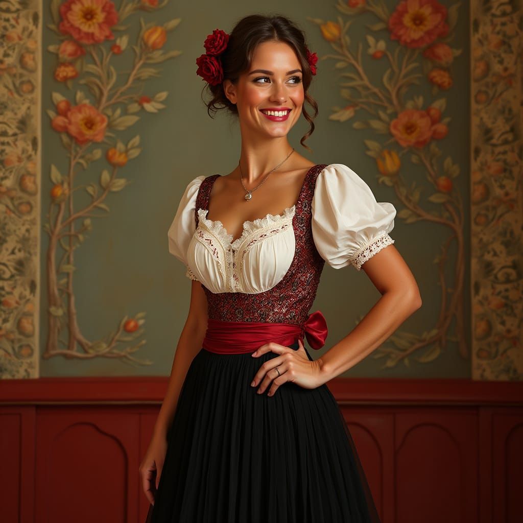 Elegant European Woman in Traditional Basque Dancer Attire