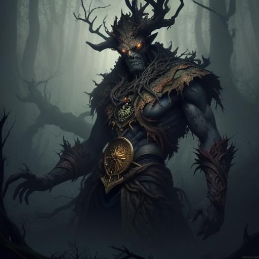 Autumnal Treant in Mist: Dark Fantasy Art
