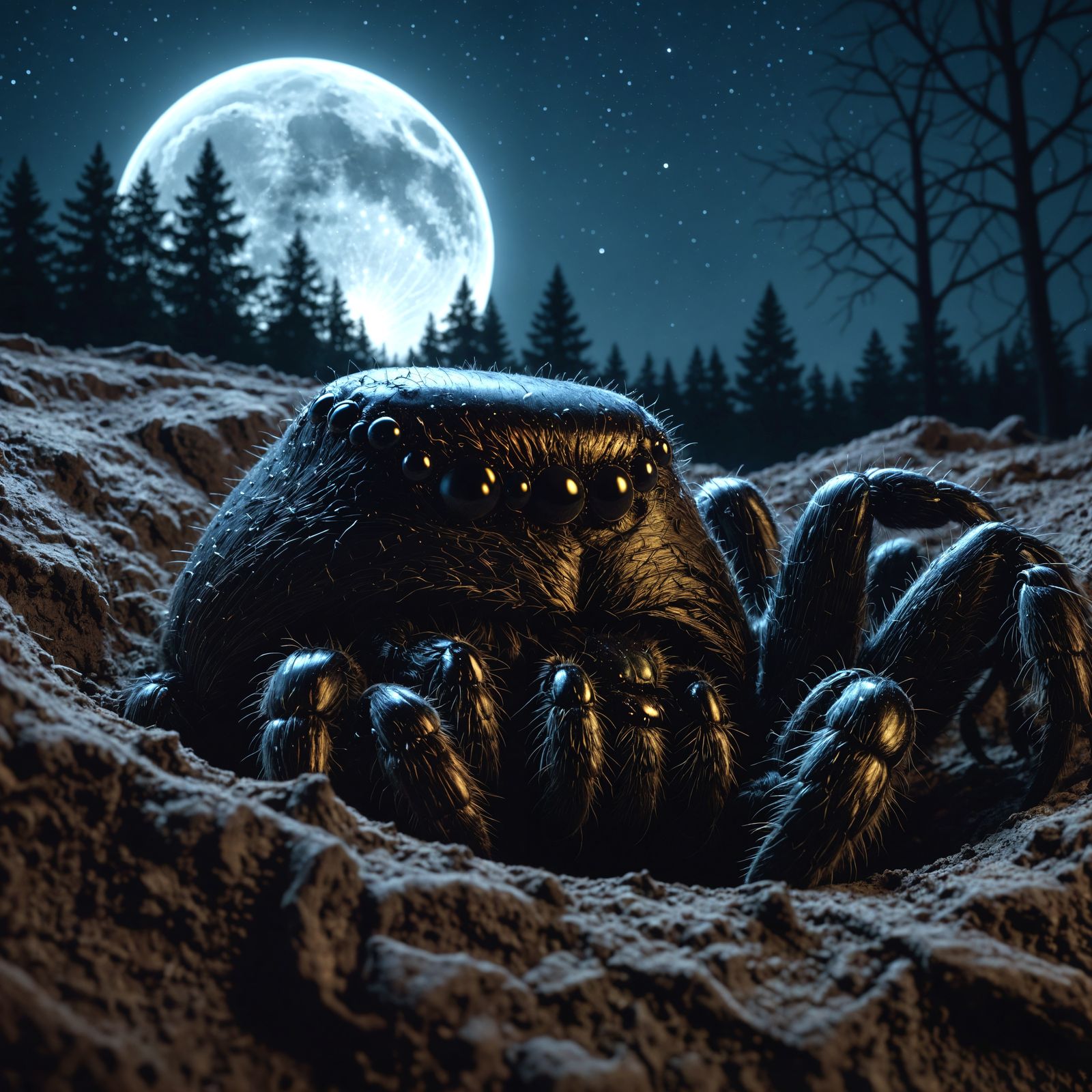 Trapdoor Spider Emerges at Night, Moonlit Eyes