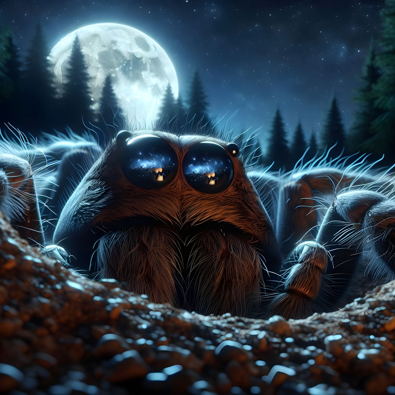 Trapdoor Spider Emerges at Night, Moonlit Eyes