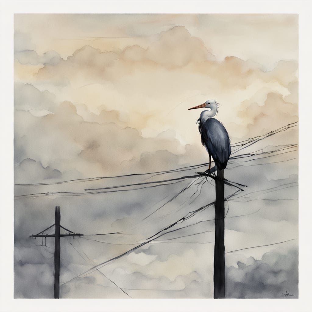 Watercolor Stork on Powerlines in Minimalist Style