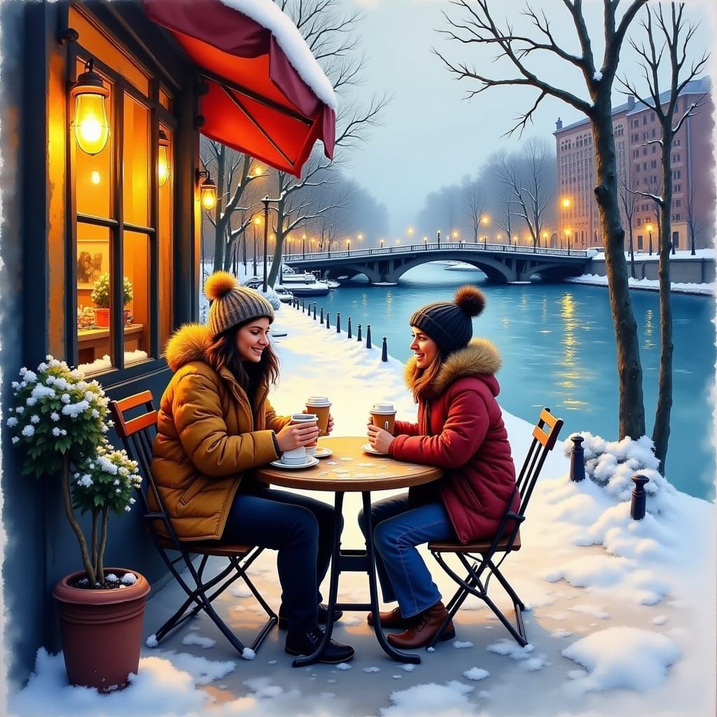 sitting outside a riverside cafe drinking coffee