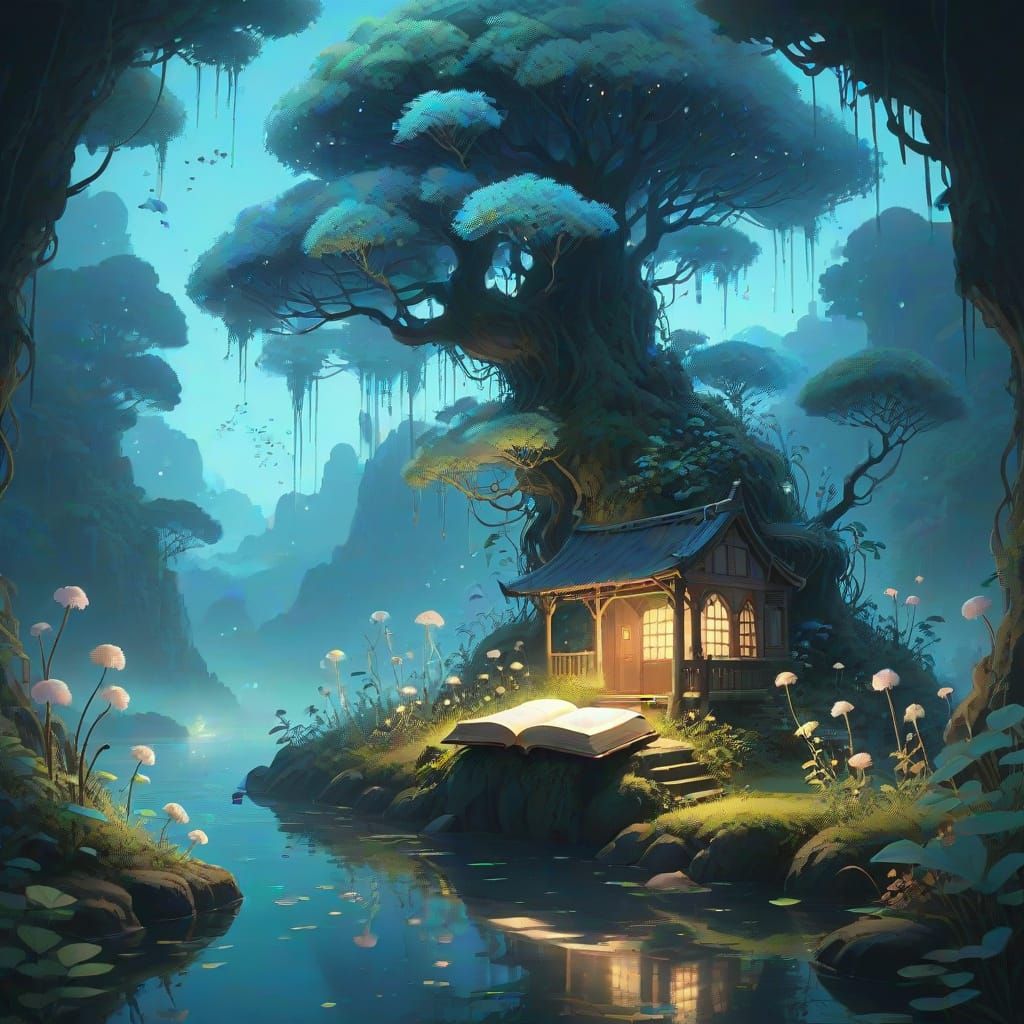 Ancient Library on Floating Island in Ethereal Mist