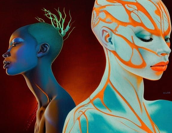 Albino Girl Portrait with Geometric Paper-Mache Elements