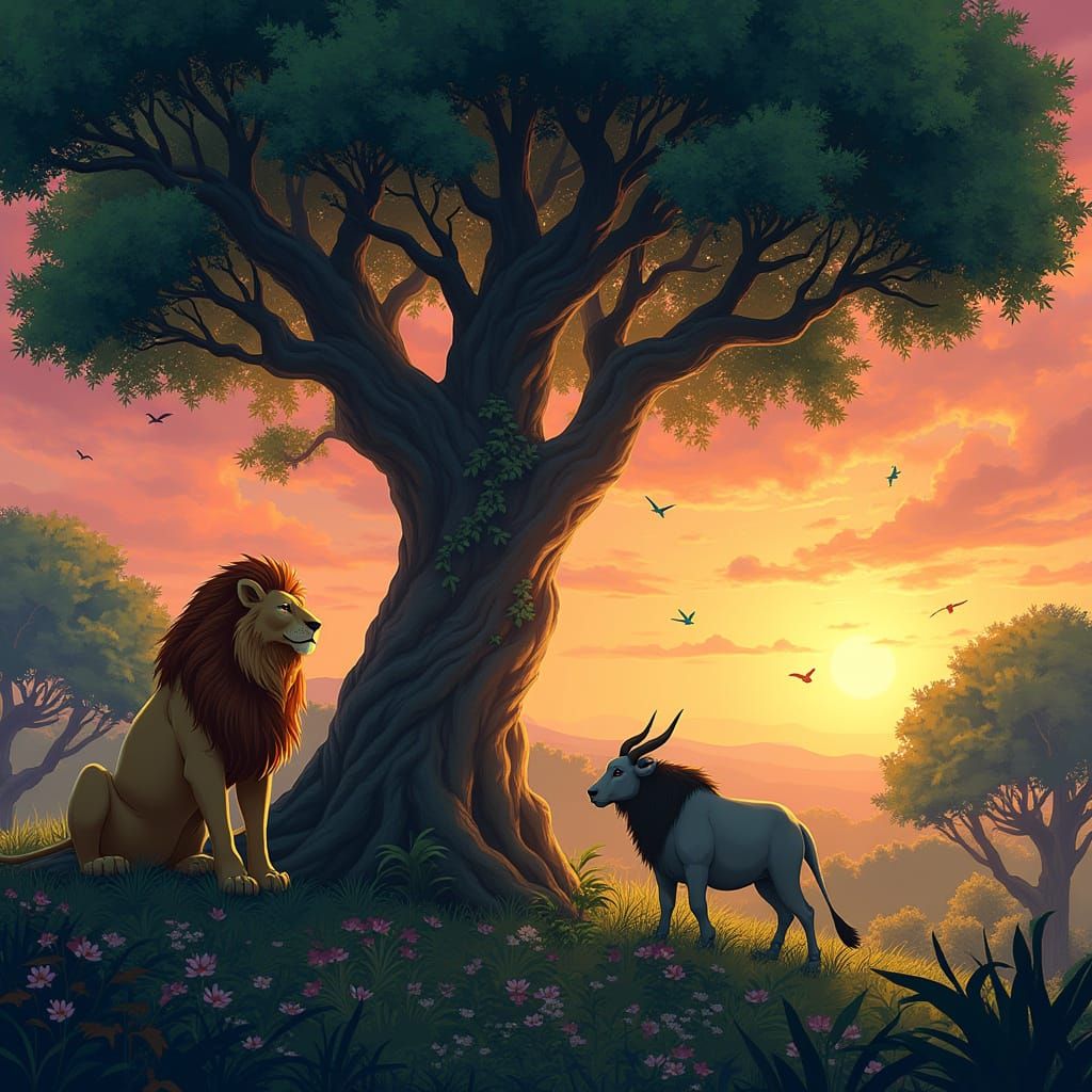 Majestic Peepal Tree Jungle Scene in Vibrant Colors