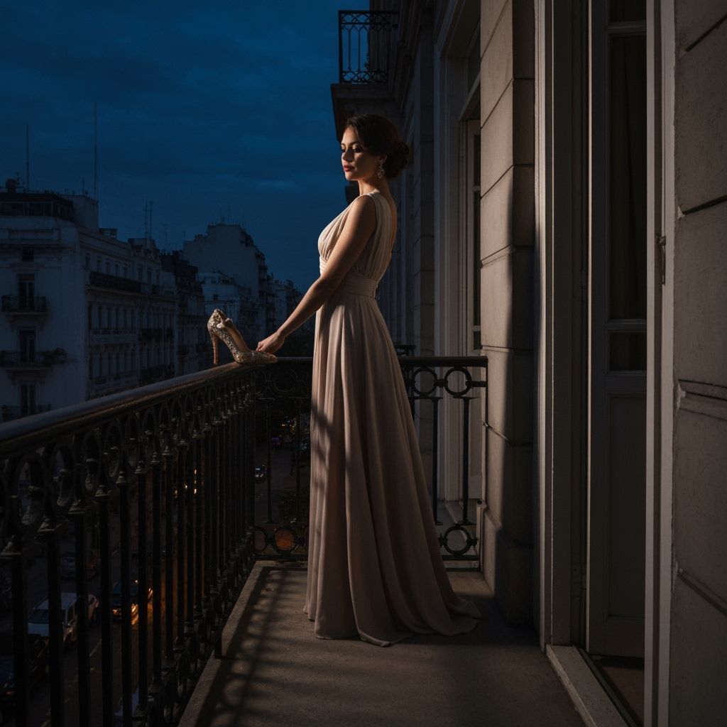 Elegant Woman in Vintage Gown on Buenos Aires Balcony at Twi...