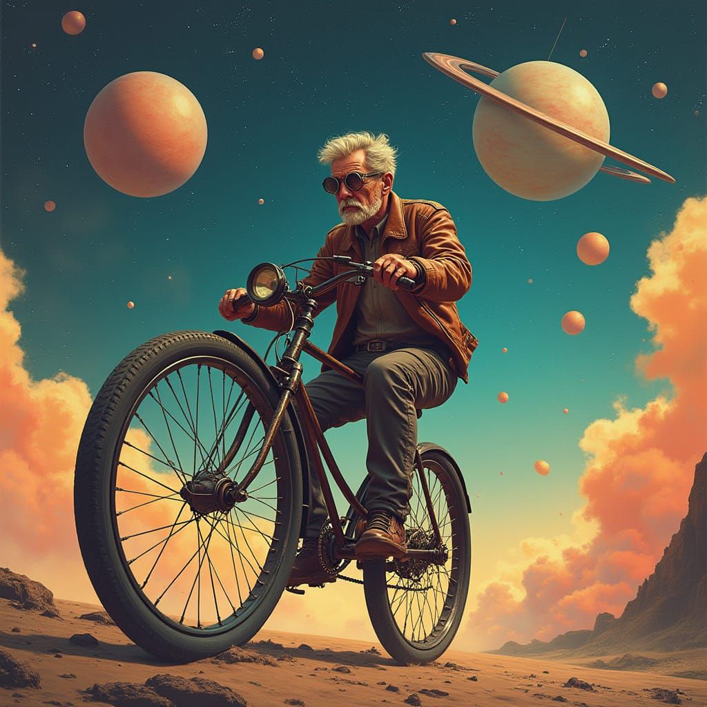 Vintage Cyclist Rides into Starry Galaxy in Sci-Fi Style