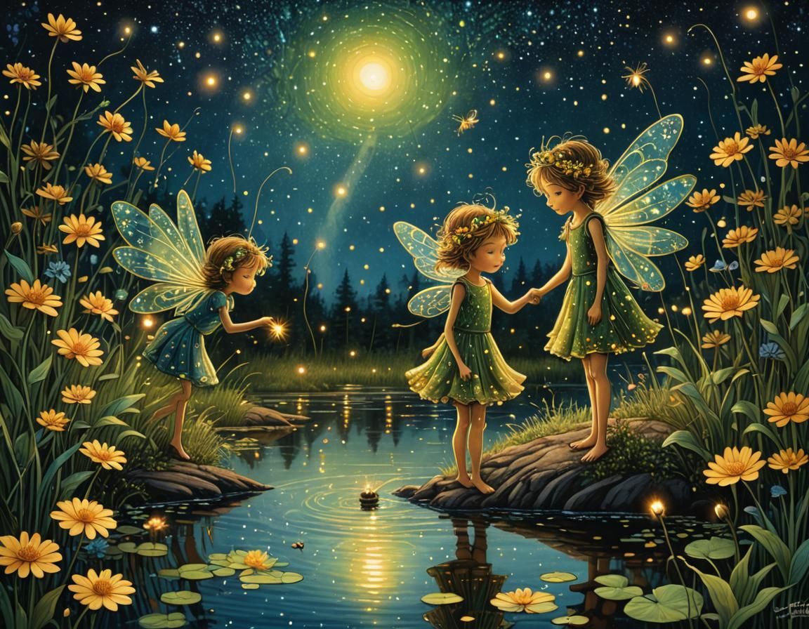 Flower Fairies Admire Fireflies in Dreamlike Illustration