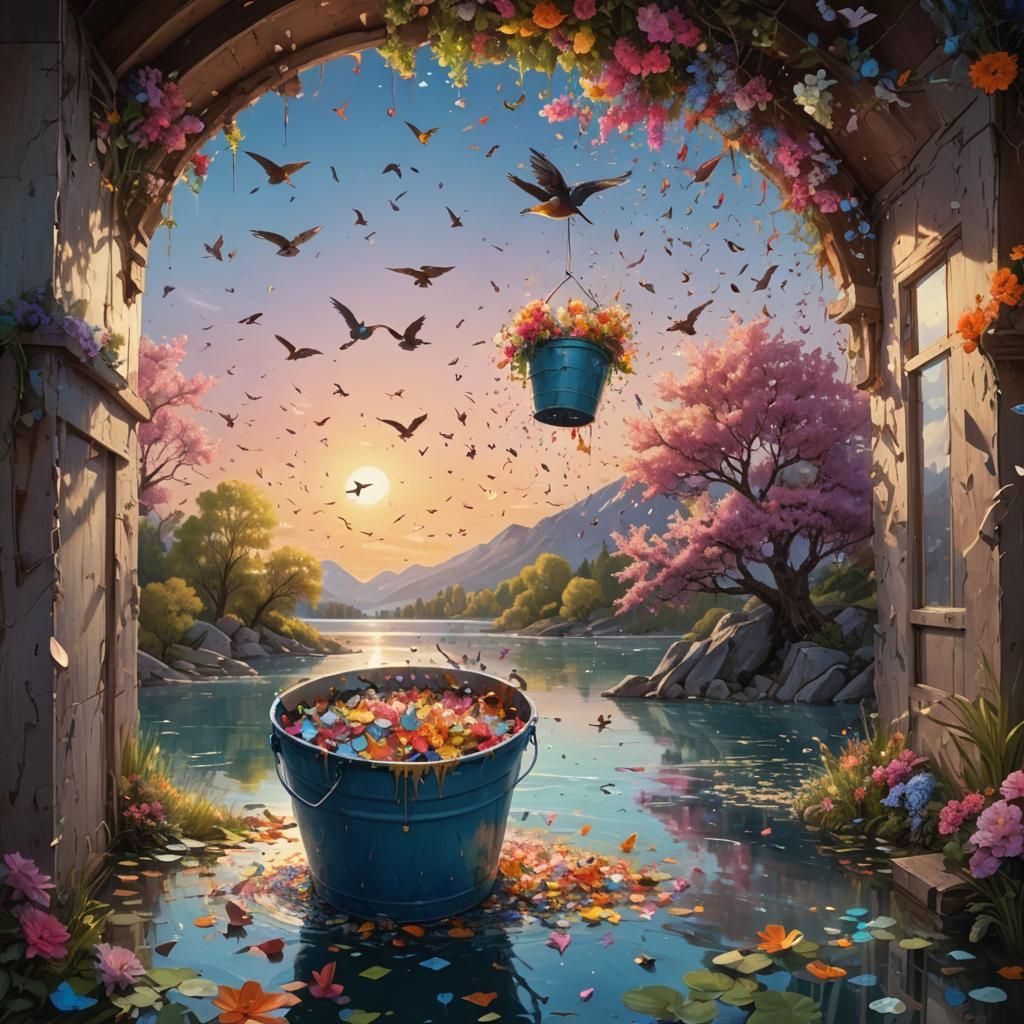 Colorful Bucket Scene with Birds and Flowers