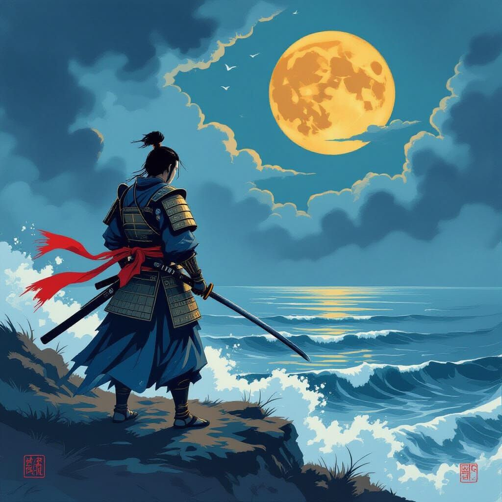 Samurai Warrior on Cliff Overlooking Stormy Sea in Ukiyo-e S...