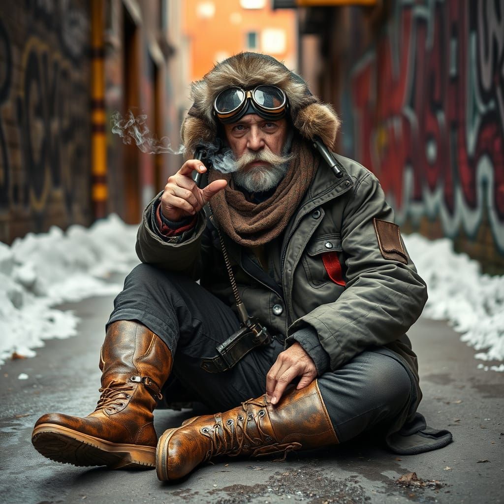 Boho Man in Post-Apocalyptic Scrapyard, Realistic Photograph...