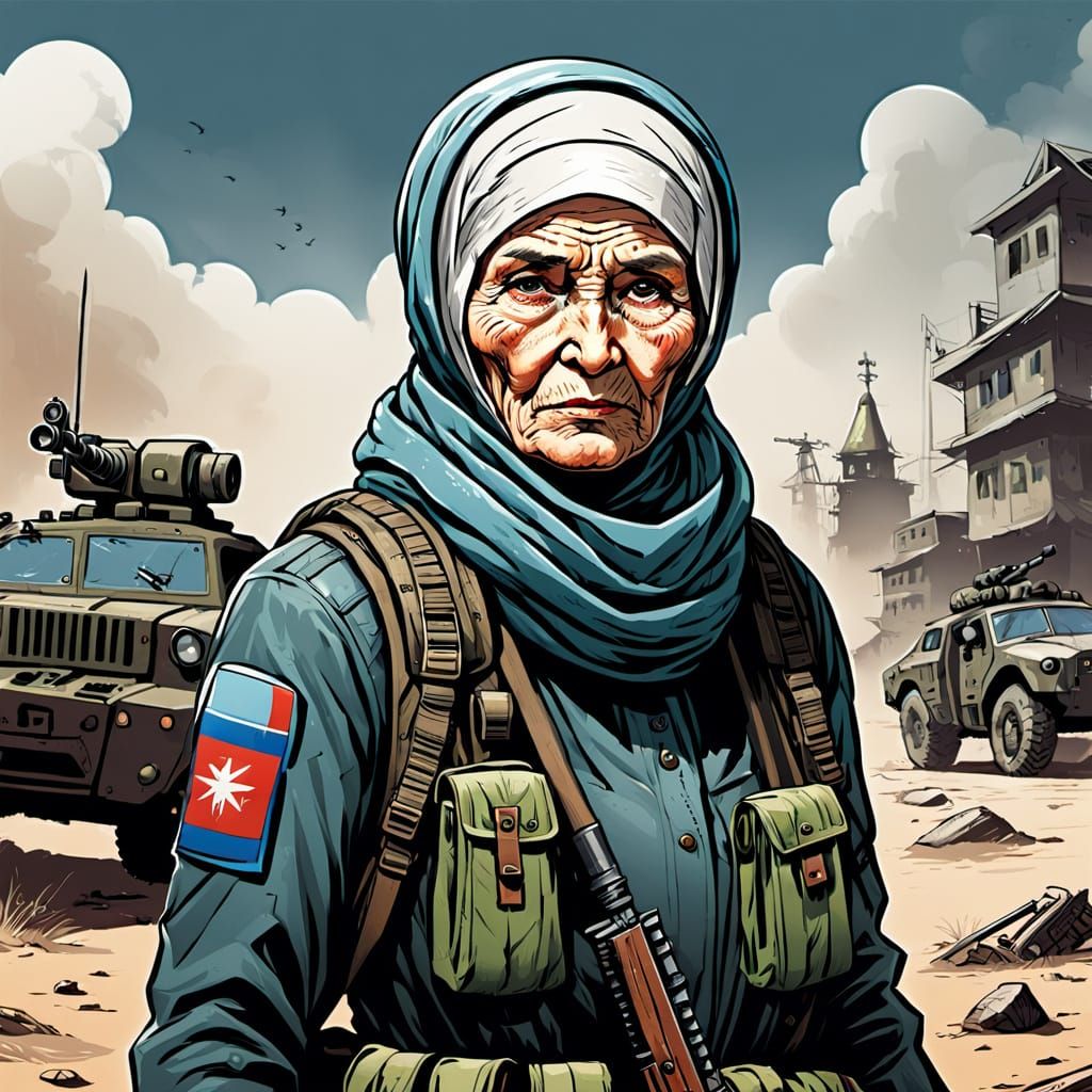 Tactical Babushka in Post-Apocalyptic Comic Style