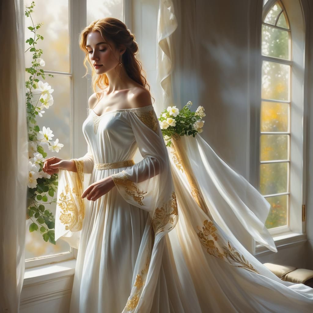 Ethereal Irish Woman in Golden Light: Oil Painting