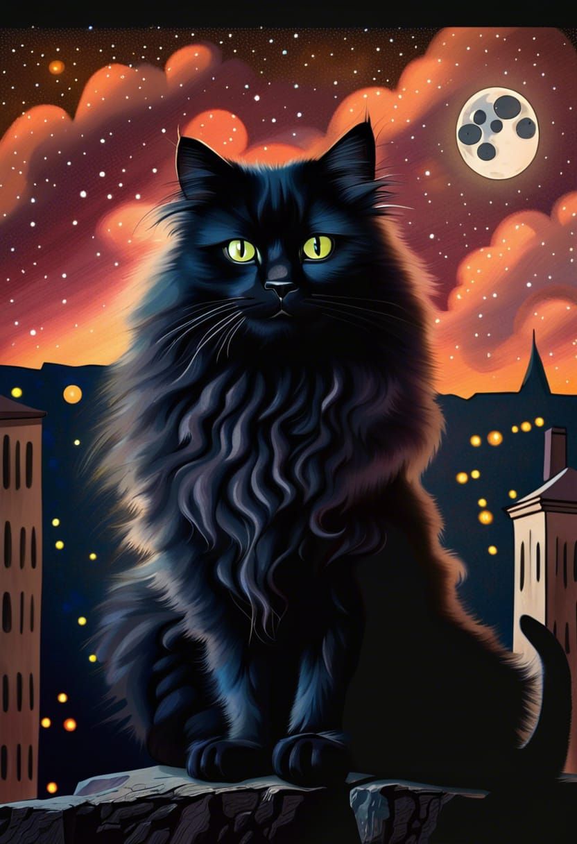 Black Cat Moonlit Cityscape
