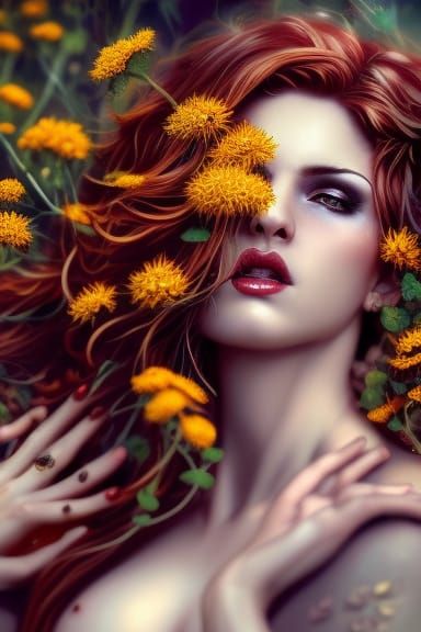Redhead Warrior in Sunflowers, Rococo Digital Art