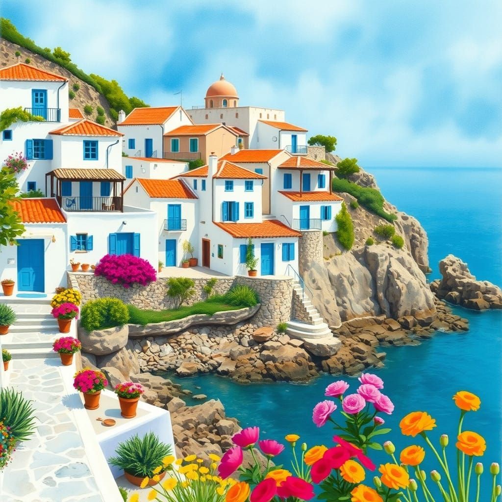 Greek Village Perched on Turquoise Waters