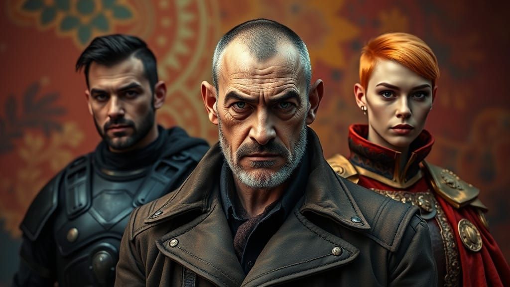 Hyperrealistic Portrait of Three Characters in Dramatic Sett...