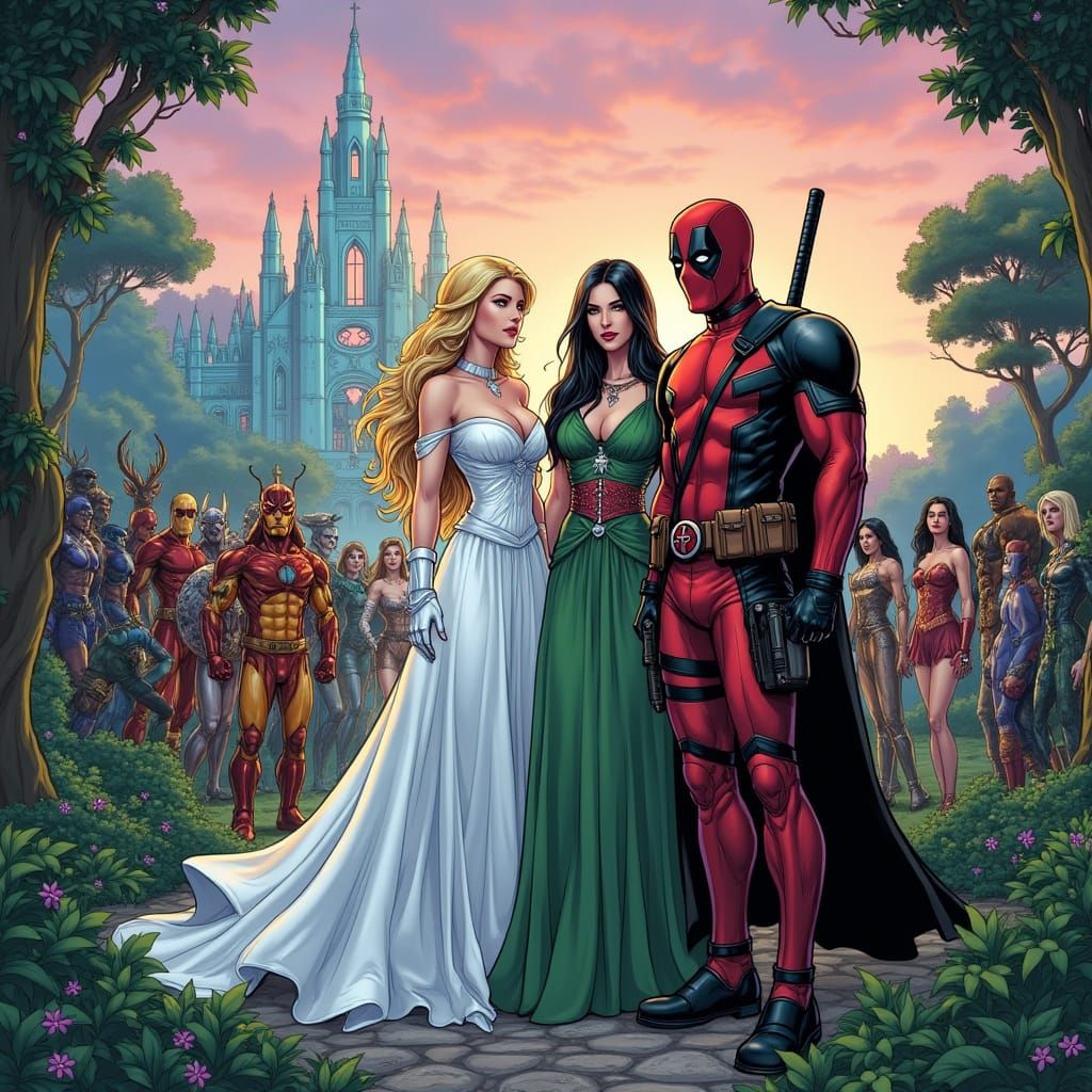 Deadpool, Emma Frost & Princess Adelina with Superheroes